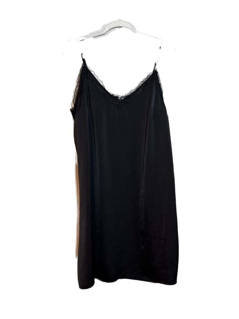 L H&M Women's Black Lace-Trim Satin Chemise Slip Dress